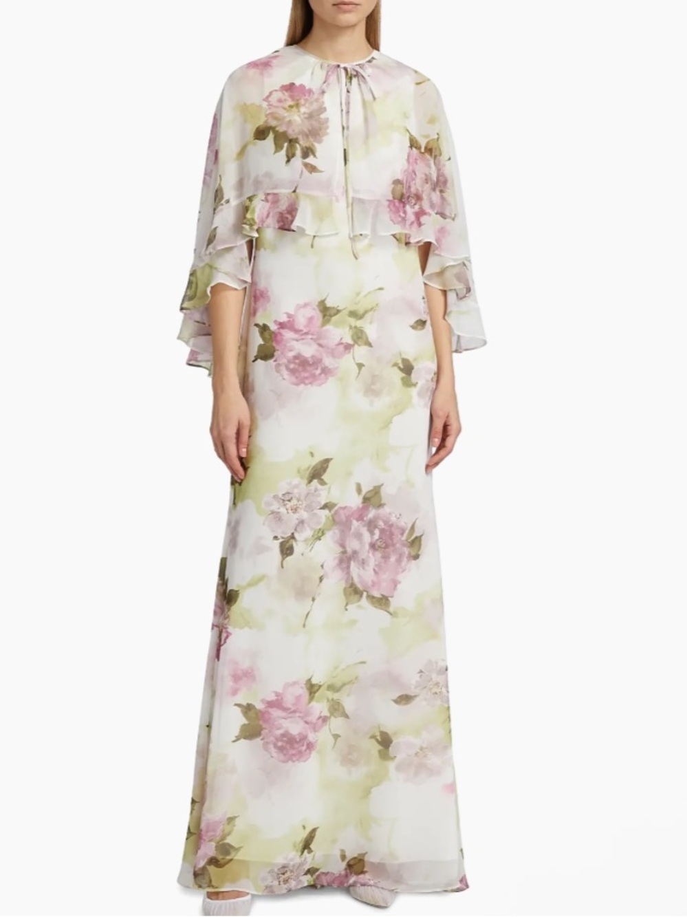 Teri Jon by Rickie Freeman Floral Chiffon Ruffle Capelet Gown Cream Green Pink